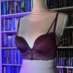 Shiny dark purple/ mauve lace bra with double straps